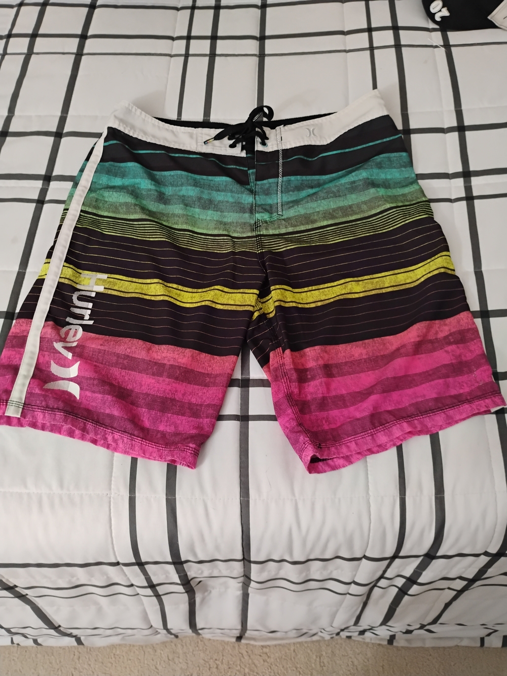 Hurley Men’s Multicolor Striped Board Shorts — Pink, Green, Yellow, Black